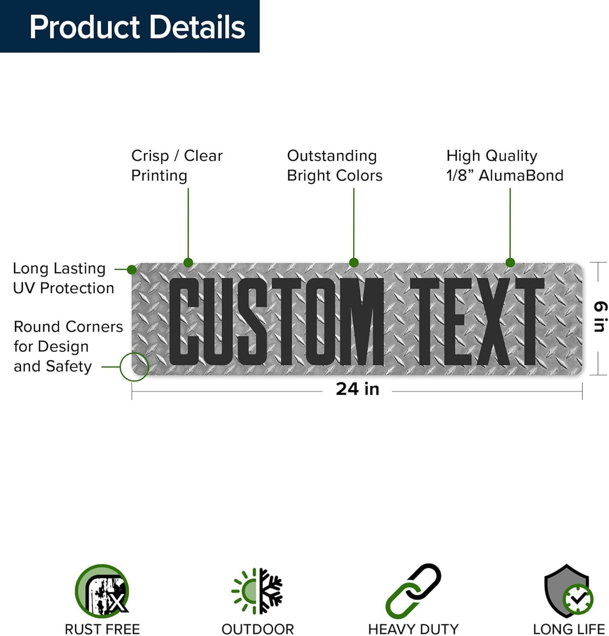 Custom Sign, Custom Street Sign, 11 Font Colors, 13 Font Styles, 4 Hole Options, 22 Sizes, 6x24