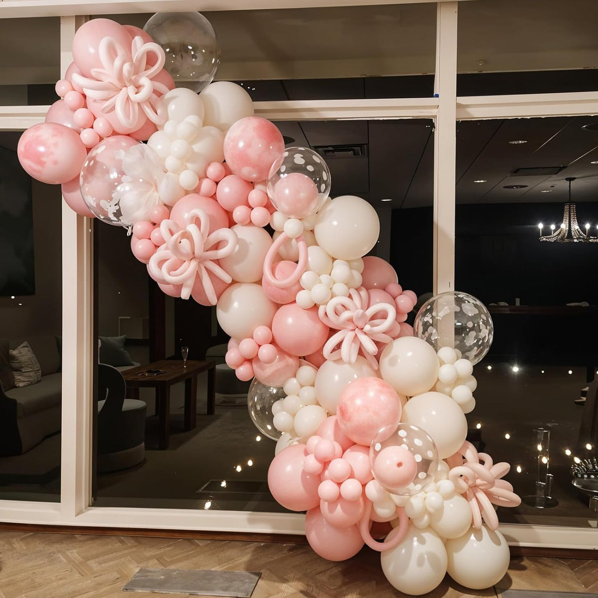Pink Bow Latex Balloons, 60pcs Pink and White Balloons, Bow Printed Balloon Metallic Confetti