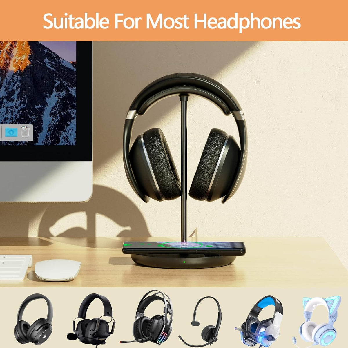 Headphone Stand with Wireless Charger, Gaming Headset Holder Hanger Rack 2 IN 1 Wireless Charging
