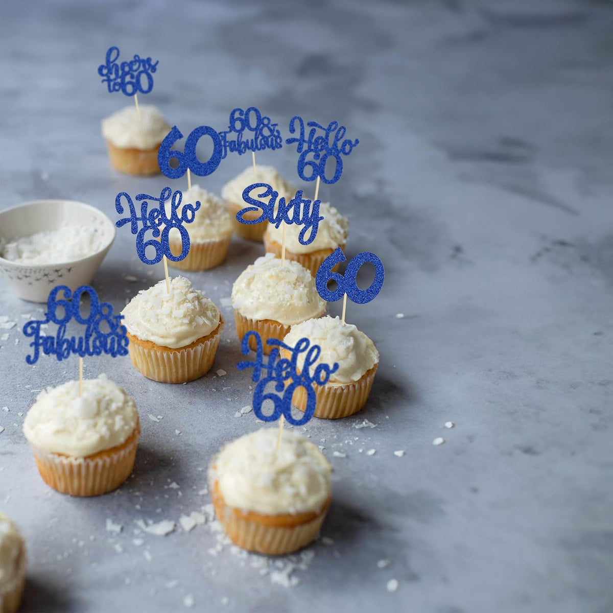 30Pcs Happy 60th Birthday Cupcake Toppers Deep Blue Glitter Sixty Cake Toppers Cheers to 60 Years