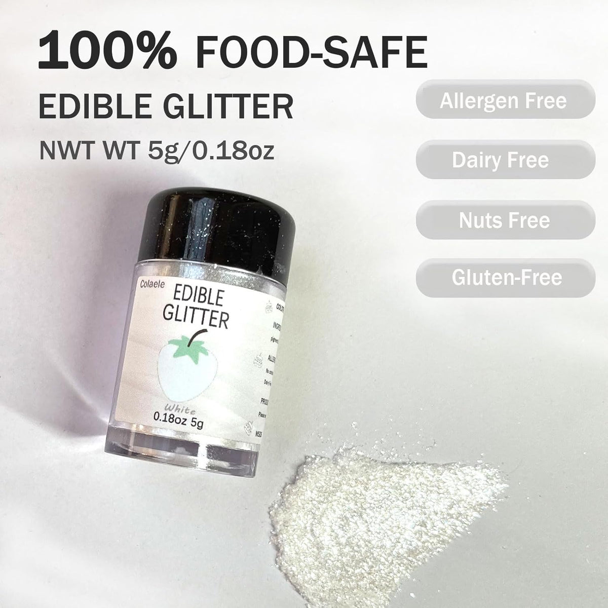 White Edible Glitter Glimmer Powder for Cakes Drinks - Colaele 5 grams Food-Grade Luster Dust