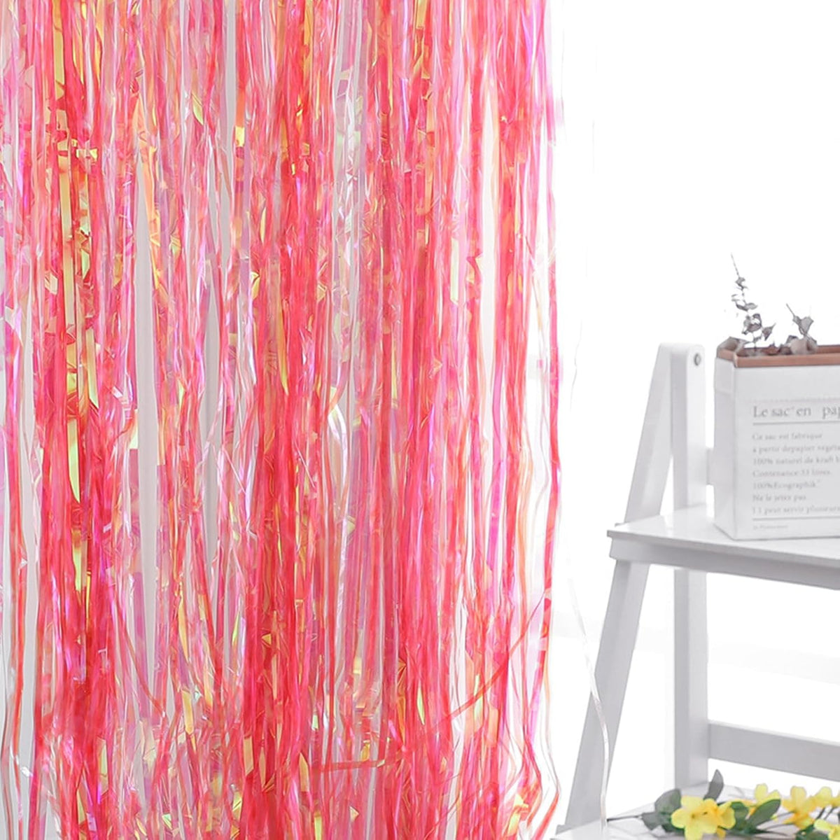 CANREVEL 2 Pack 3.2x6.5 Feet Iridescent Foil Fringe Backdrop Curtains, Clear Pink Tinsel Photo