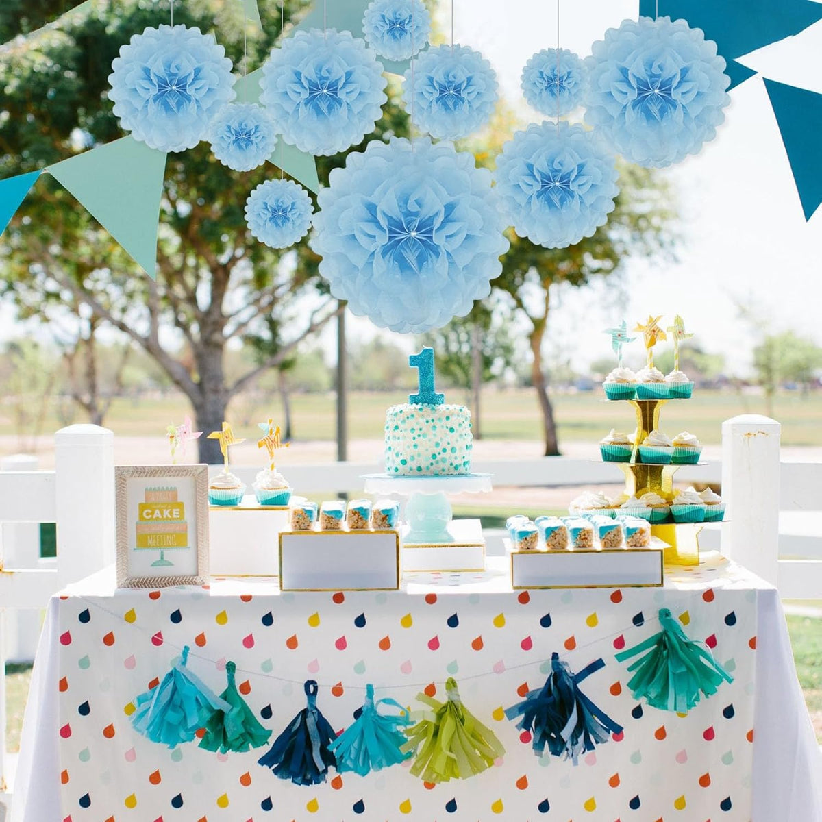 Tissue Paper Pom Poms, Baby Blue Tissue Paper Flowers, Hanging Flower Balls for Weddings Fiesta