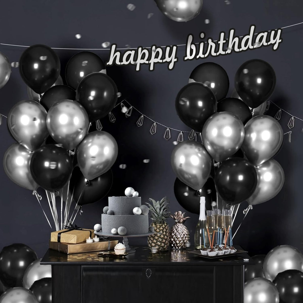 Black and Silver Balloons,65PCS 12 Inch Metallic Chrome Silver and Black Latex Balloons for