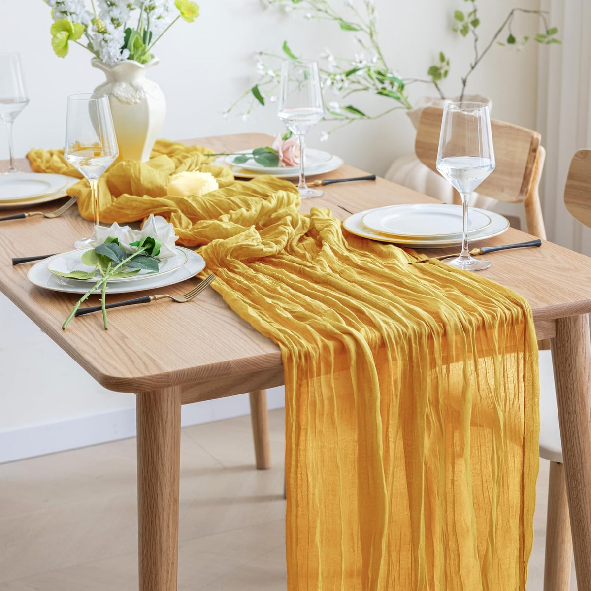 Asee'm 2pcs Cheesecloth Table Runner 120 Inches Long Gold Boho Gauze Cheese Cloth Runner 10FT