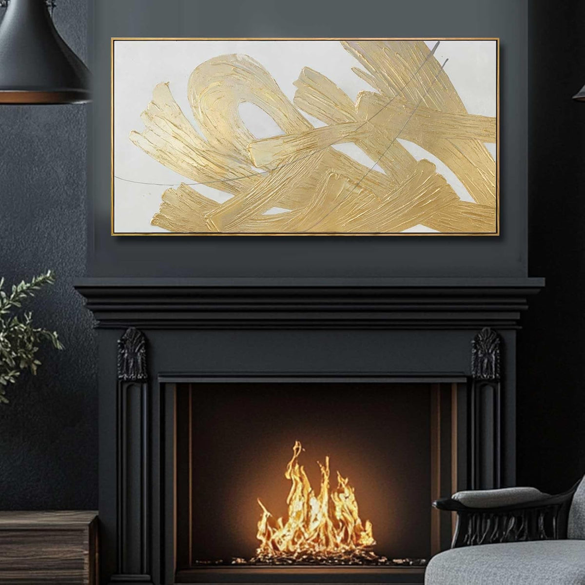 Gold Framed Canvas Art Abstract Wall Decor White Picture Decor 24"x48" Canvas Wall Art for Bedroom