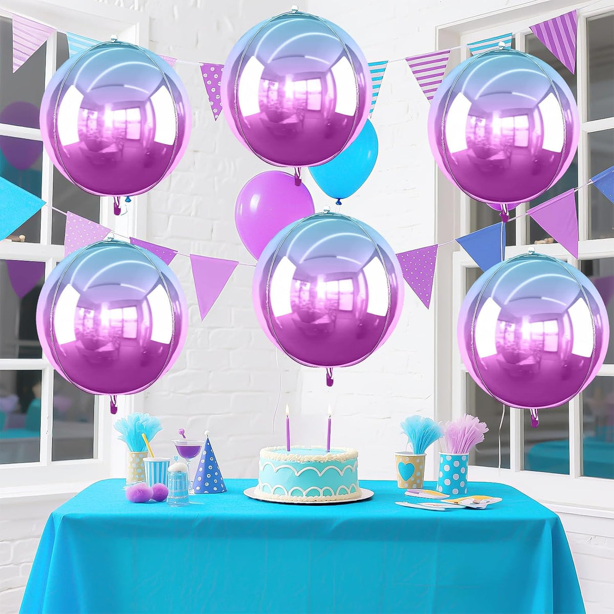 6Pcs Gradient Purple Round Foil Balloons, 22" Large Helium Ball Mylar Balloon, Metallic Purple Foil