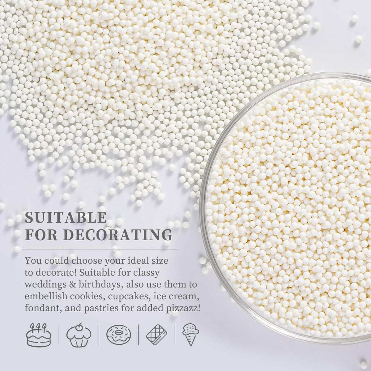White Nonpareils Sprinkles, Edible 2mm Pearl, White Sprinkles for Cake Decorating, Cake Pops