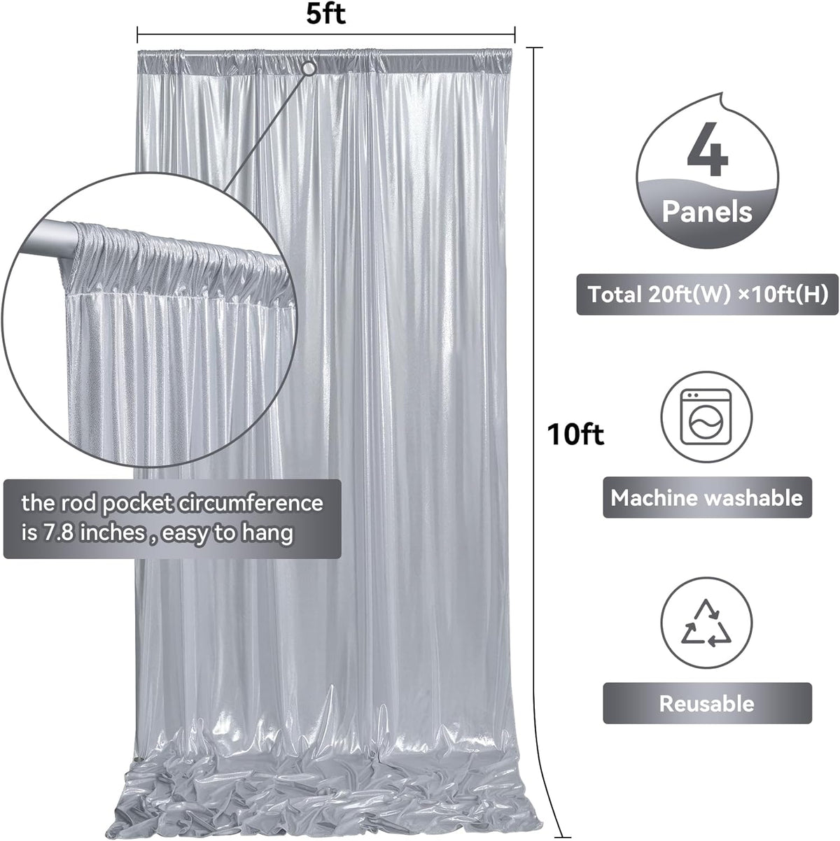 20ftx10ft Silver Sequin Backdrop Curtain for Parties, Wrinkle Free 4 Panels 5x10FT Glitter Photo