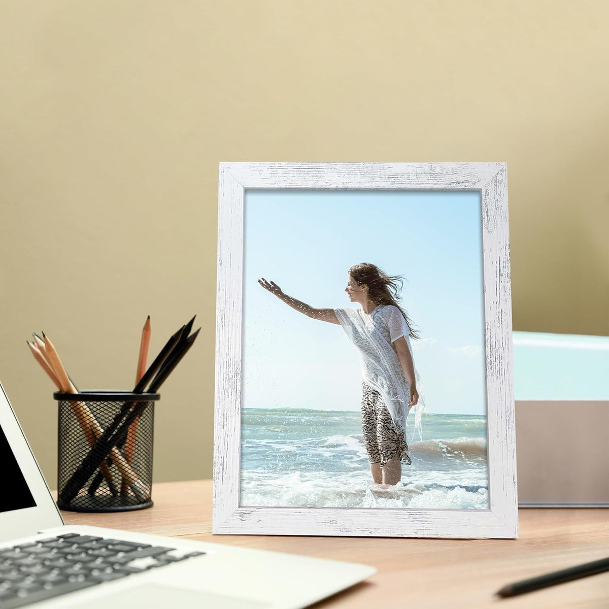 8.5x11 Picture Frame Set of 4, Distressed White Certificate Frame with Real Glass, Wood Photo