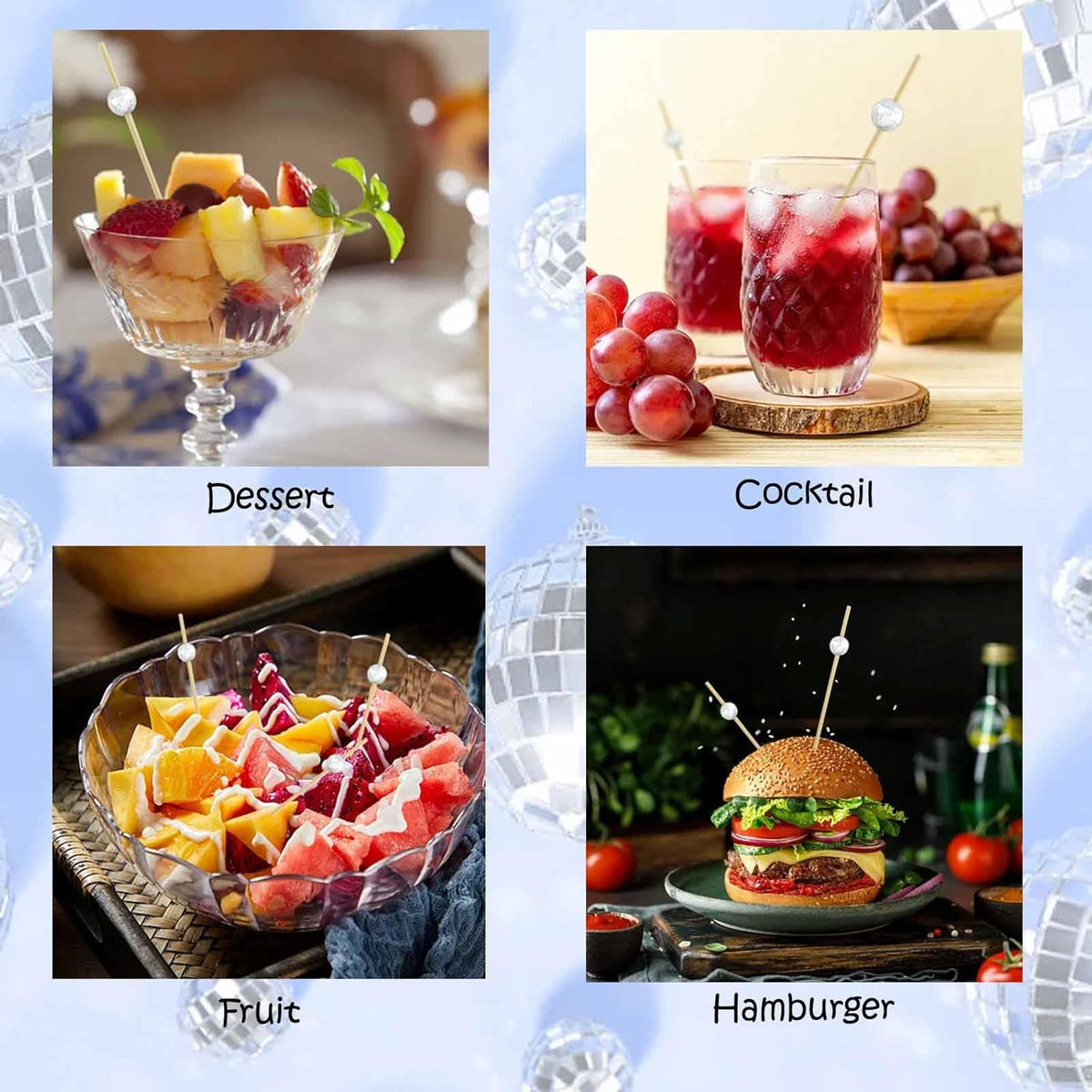120 Pcs Glitter Ball Cocktail Picks 4.7" Drinks Fruits Hawaiian Party Food Garnish Skewer Sticks