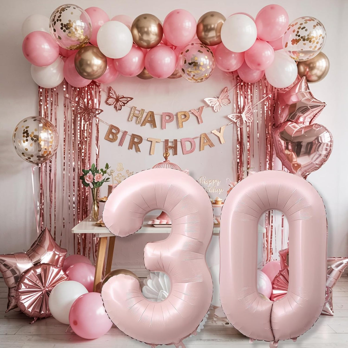 Light Pink 30th Birthday Balloon for Women, 40 Inch Self Inflating Mylar Number 30 Balloons, Big