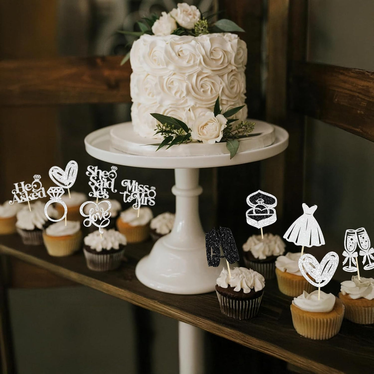 Gyufise 30Pcs She Said Yes Cupcake Toppers Glitter Diamond Ring I Do Love Cupcake Picks Miss to Mrs
