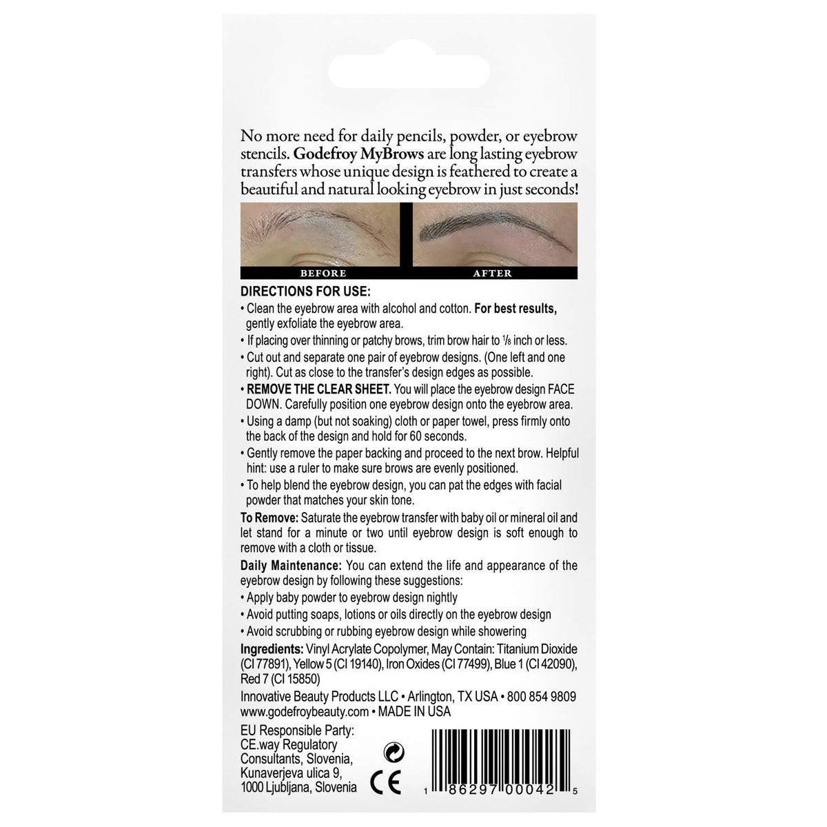Godefroy MyBrows Long Lasting Eyebrow Transfers, Low Arch, Light Brown, 48-Pairs of Brows (96