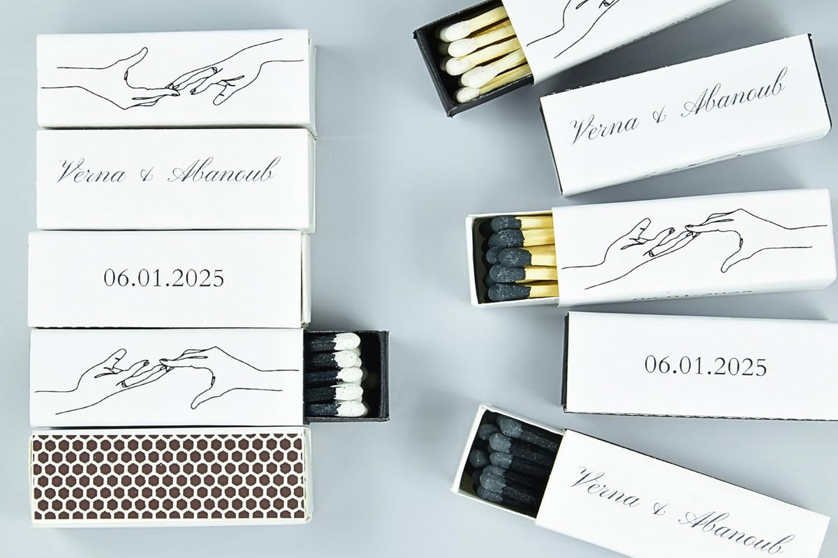 10 Boxes - Customized Matchboxes Colorful Tips (Wedding Design #5, 4" Matchboxes) (2" Matchsticks