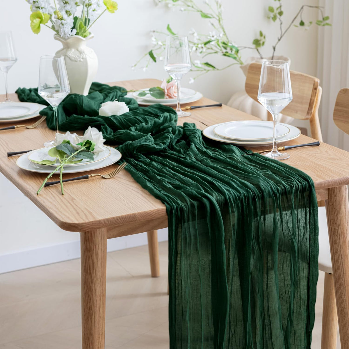 Asee'm 3PCS Table Runner Cheesecloth 10FT Emerald Green Boho Gauze Fabric Rustic Sheer Cheese Cloth