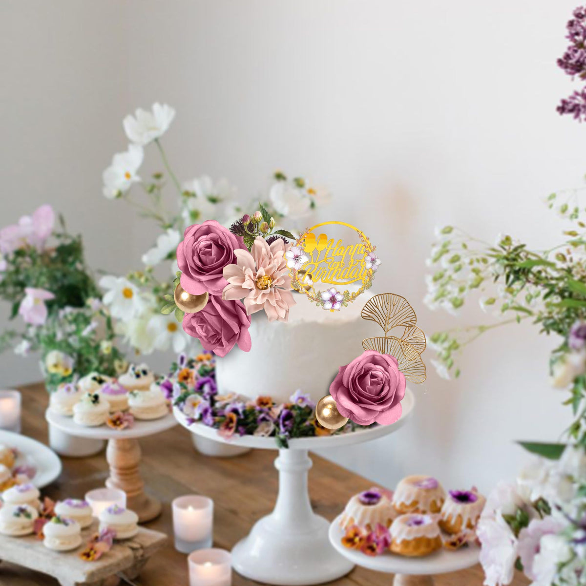 Flower Cake Toppers Happy Birthday Cake Toppers with Artificial Purple Rose Flowers Eucalyptu
