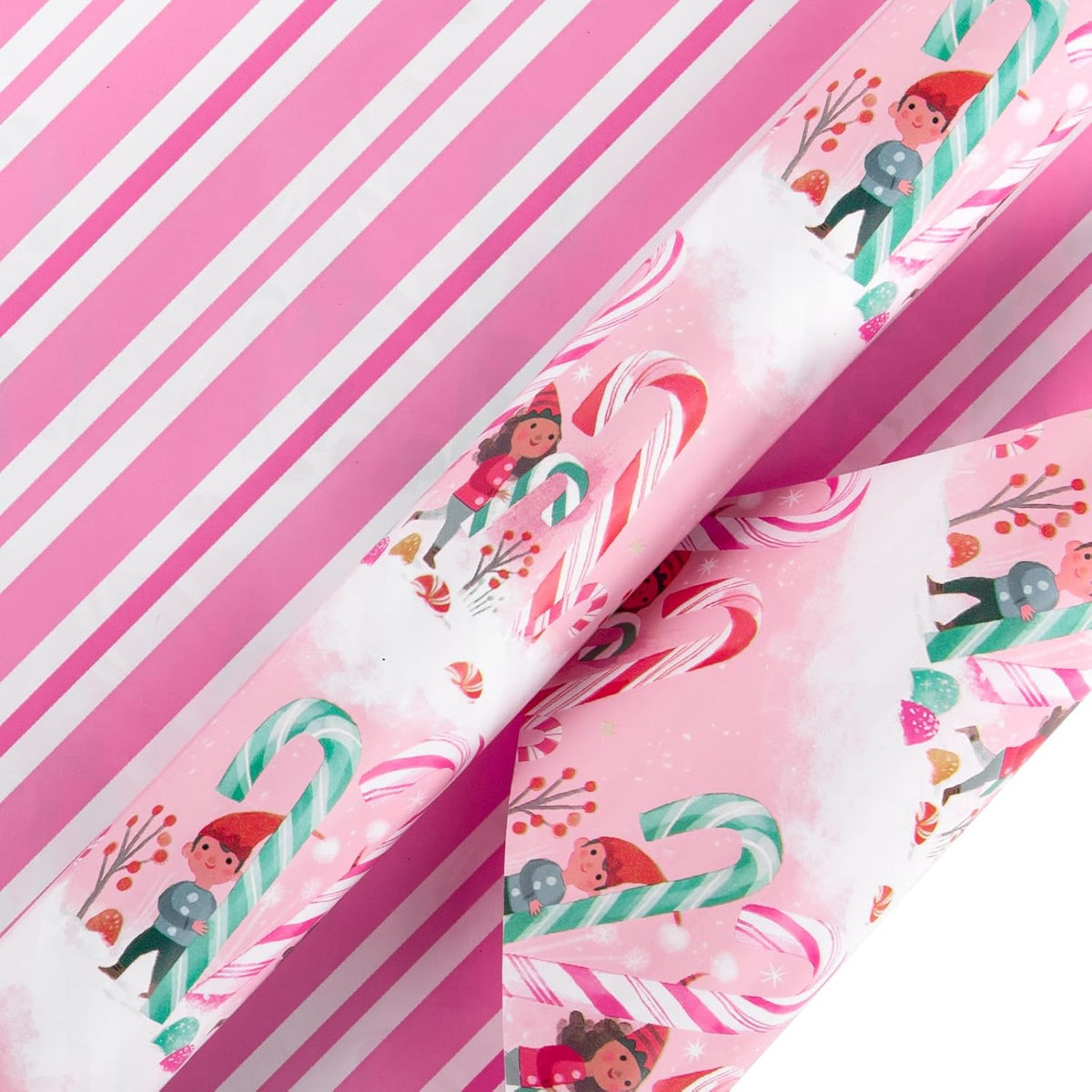 LeZakaa Christmas Pink Wrapping Paper Mini Roll for Kids, Playful Elf Cane Candy, Pink White Candy
