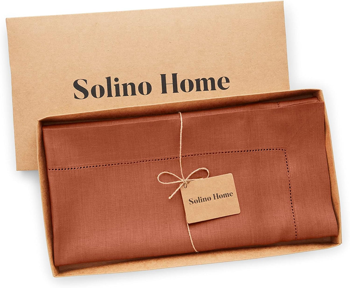 Solino Home Linen Cinnamon Tablecloth 52 x 52 Inch - 100% Pure Linen Square Table Throw - Classic