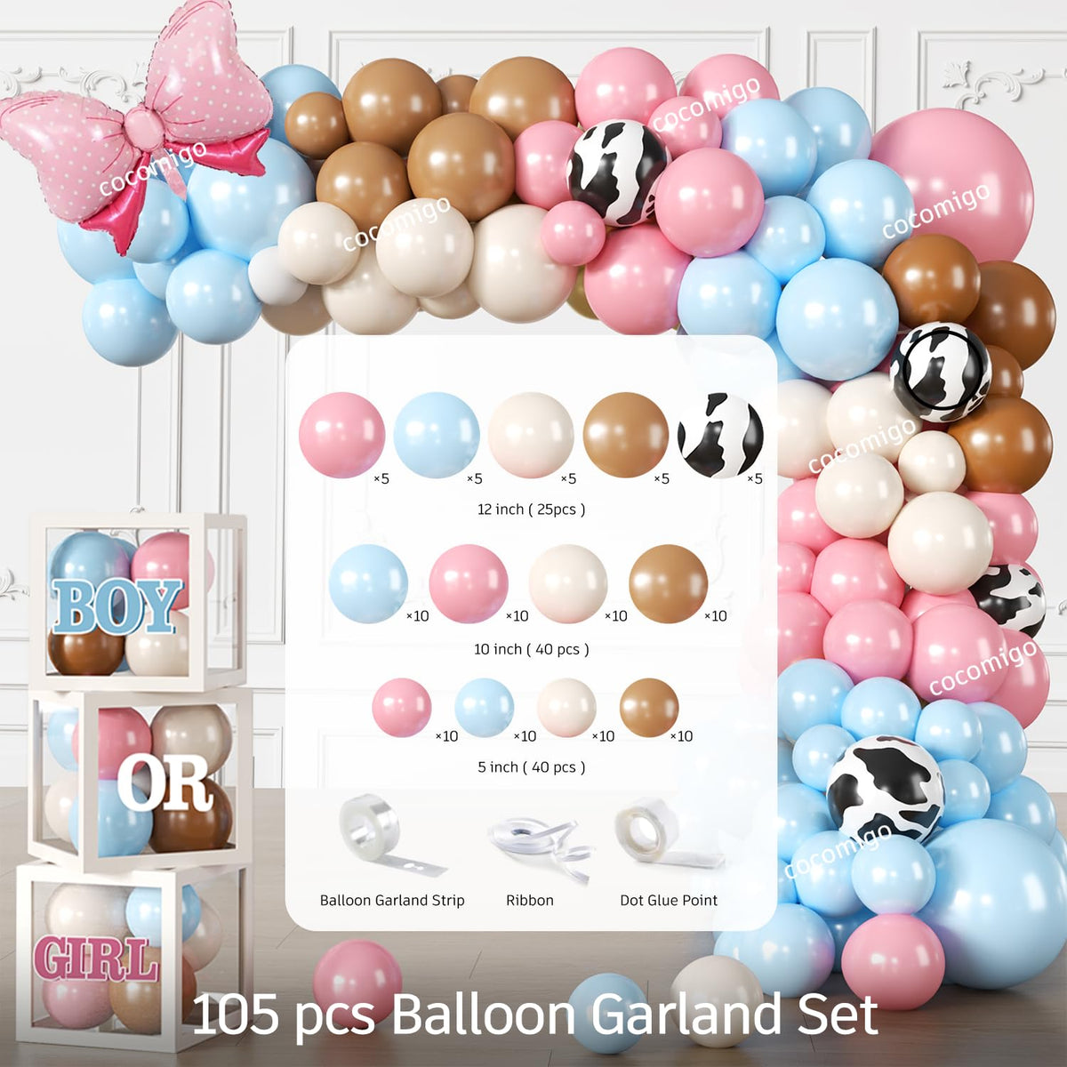 Cocomigo Boots or Bows Gender Reveal Decorations,Serves for 25