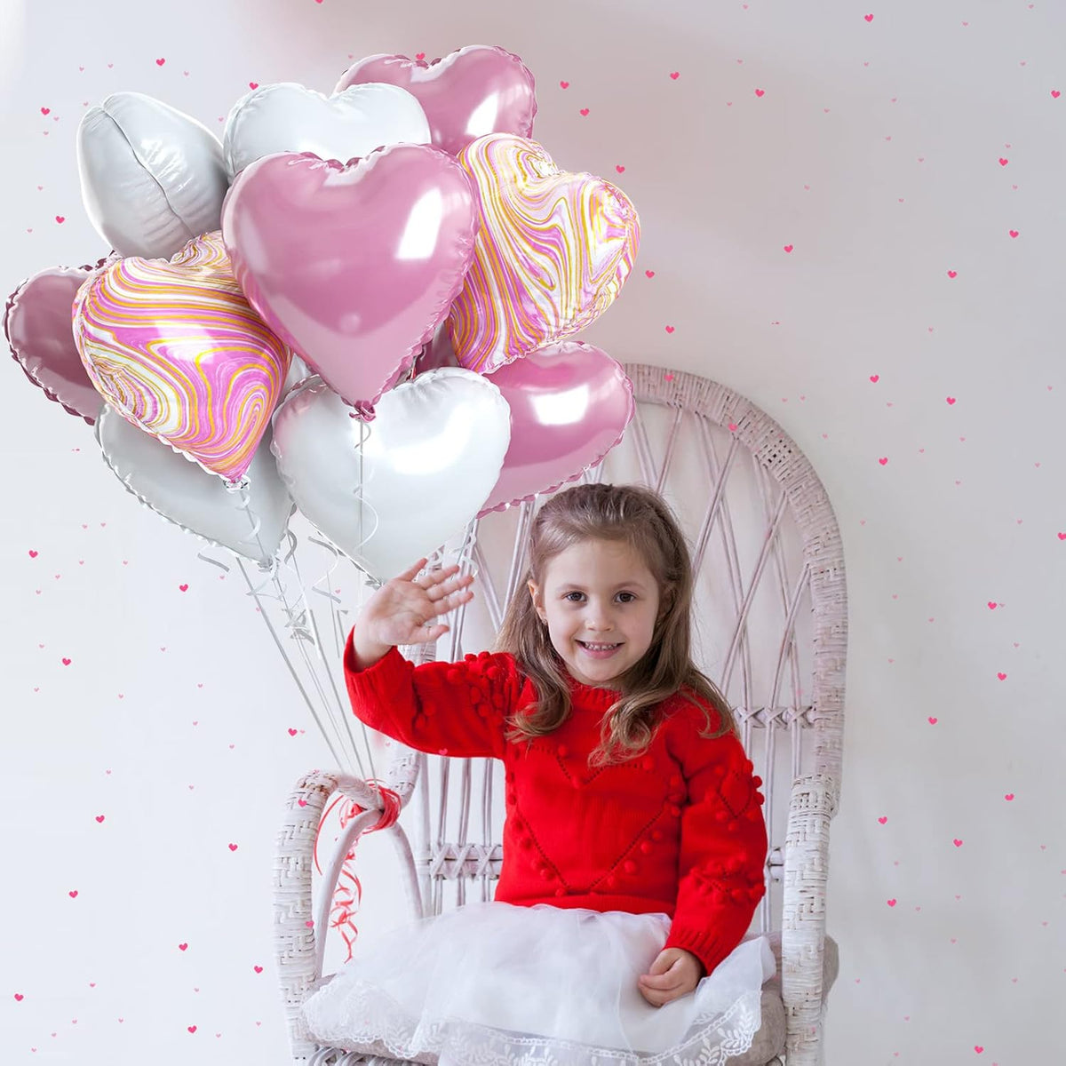 Pink White Agate Heart Shape Balloons - 10PCS Pink & White Foil Heart Balloons for Valentine's Day
