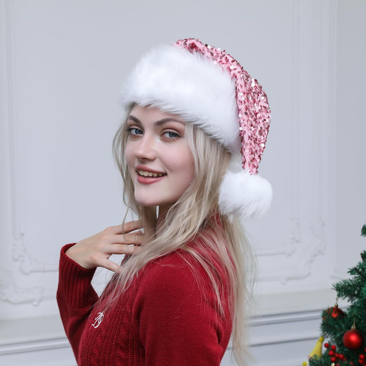 Personalized Sequin Santa Hat for Adults, Red Glitter Christmas Party Hat, Xmas Halloween New Year