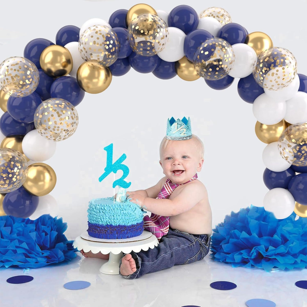 Patimate Navy Blue Gold Balloons Set, 50 pcs 12 inch Metallic Gold Navy Blue White Confetti Latex