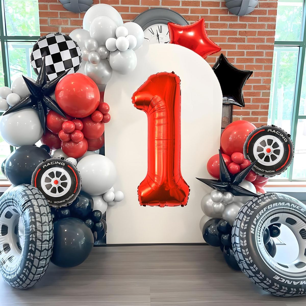 Race Car Birthday Party Decorations - 40 Inch Mylar Red Number 1 Balloons - Black Foil Checkered
