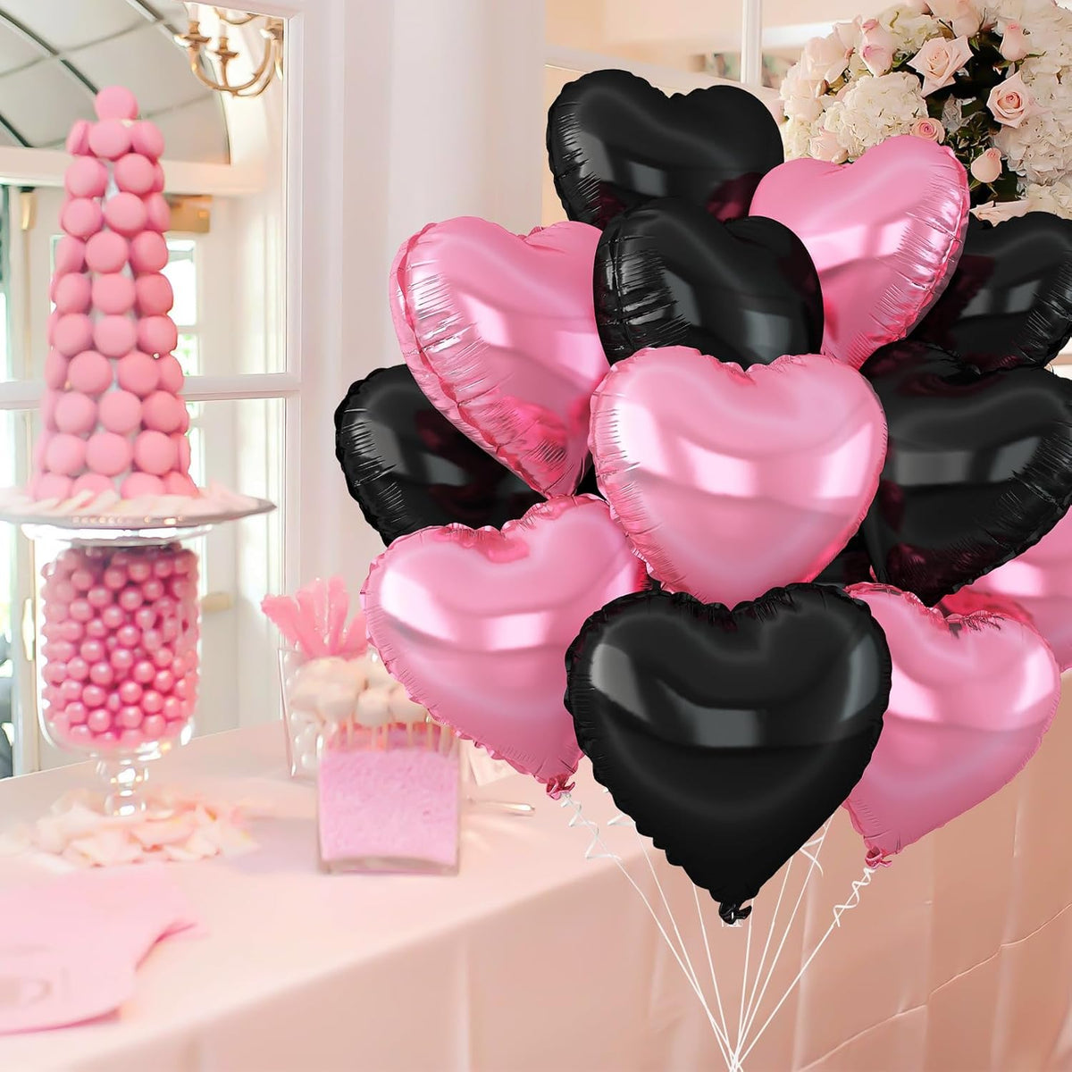 Pink Black Heart Balloons,12Pcs Light Pink Heart Shaped Foil Balloons,18Inch Black Pearl Pink