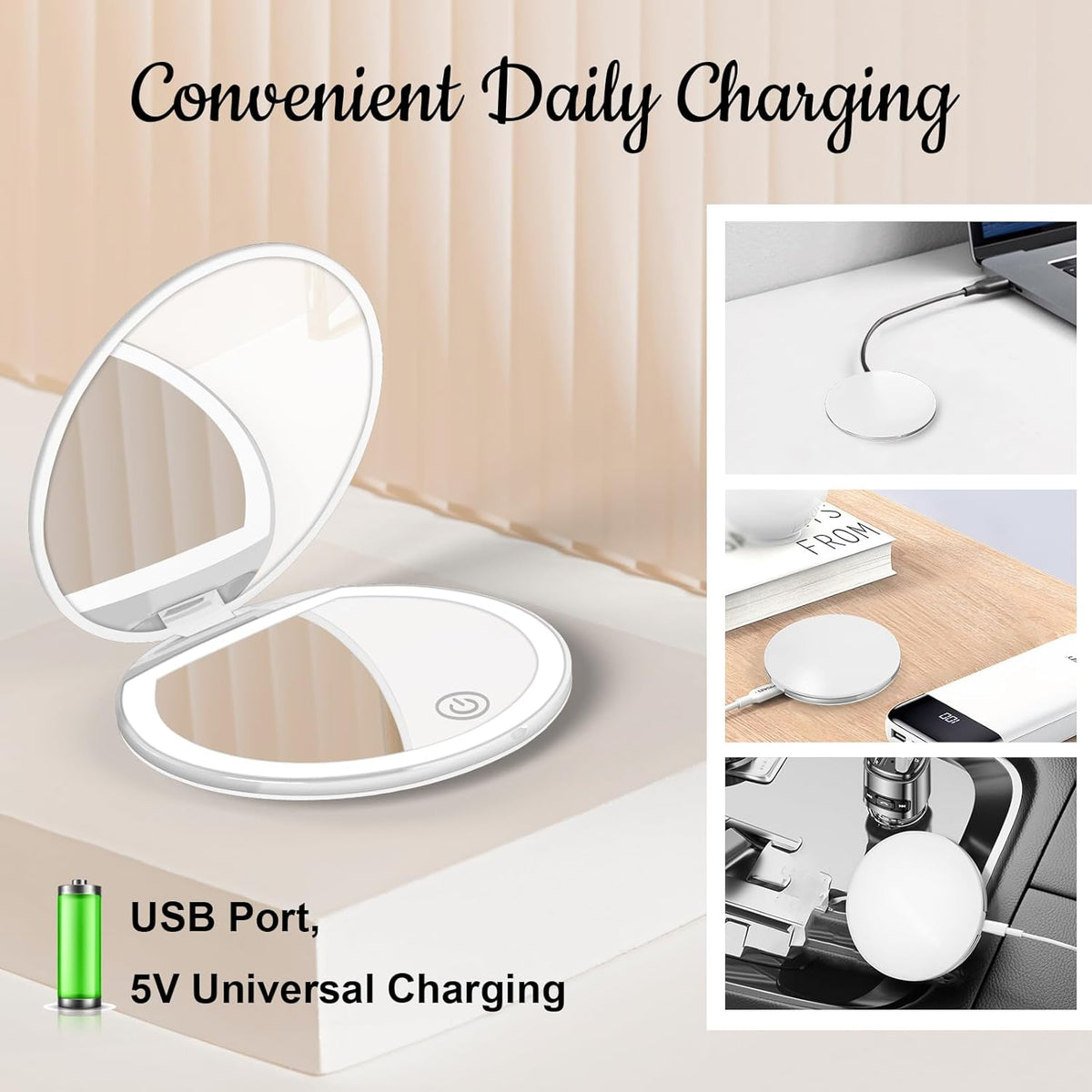 Compact Mirror with Light, 1X/3X Magnification LED Pocket Mirror with USB Data Cable,Mini Mirror