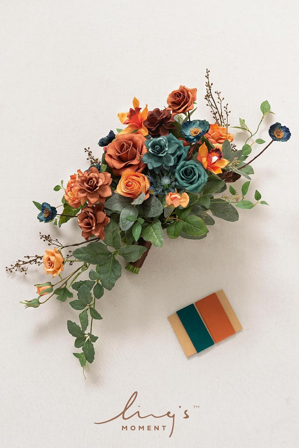 Ling's moment Teal Bridal Bouquet Cascading, Burnt Orange Wedding Bouquets for Bride, 13 Inch