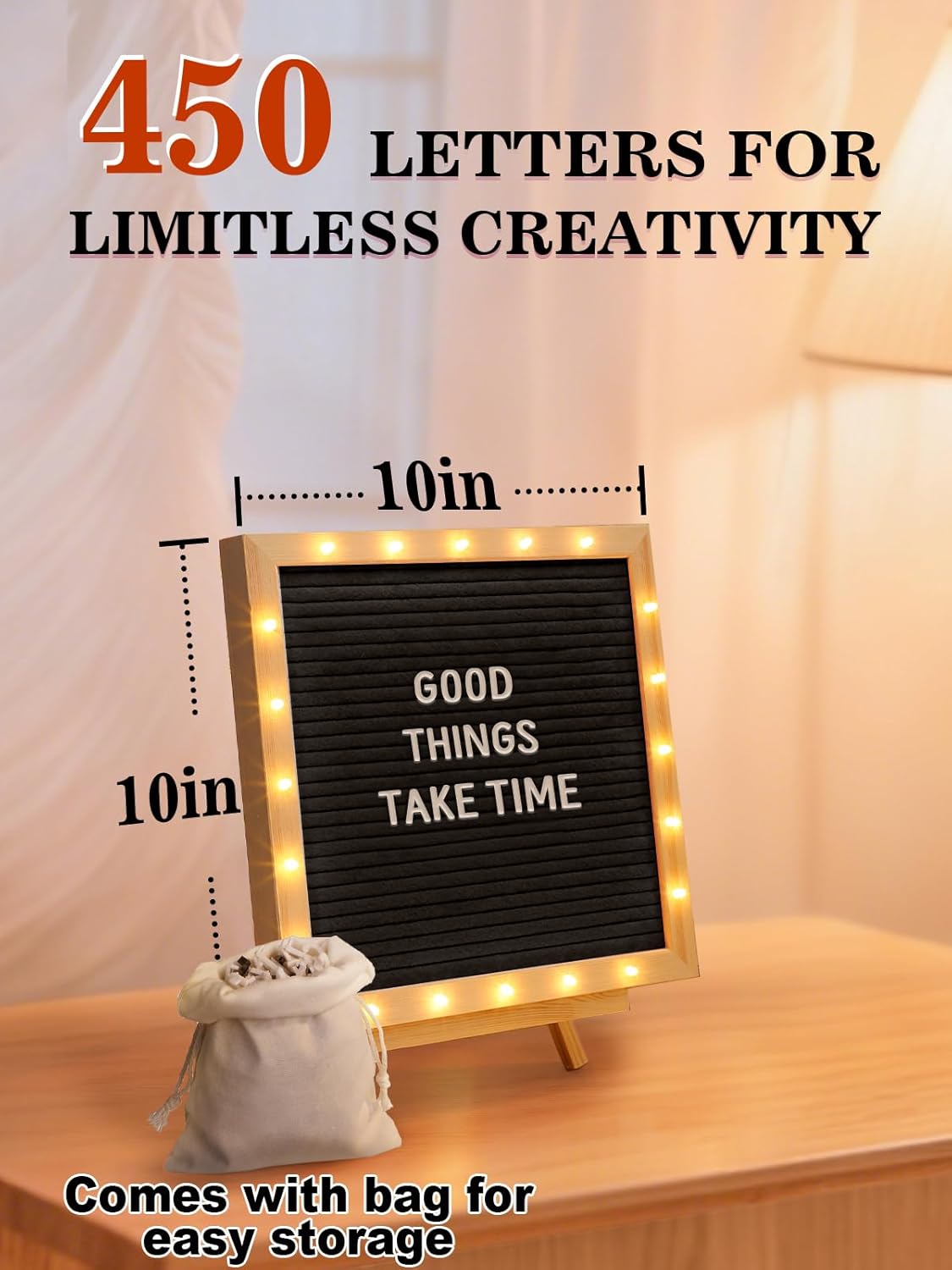 Light up Changeable Felt Letter Board Sign with LED Lights - 10×10" Message Board & Wood Stand &