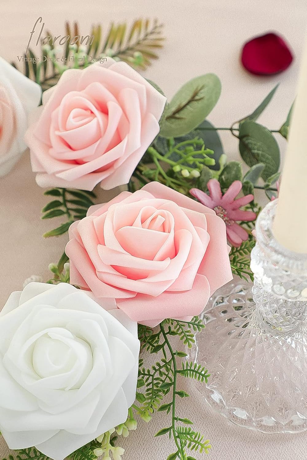 Floroom Artificial Flowers 25pcs Real Looking Blush Ombre Colors Foam Fake Roses with Stems for DIY