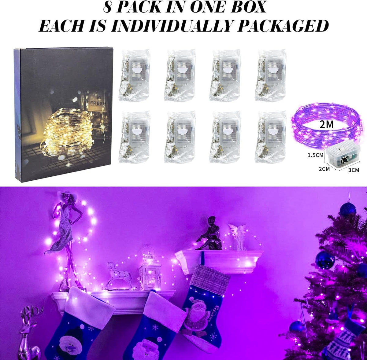 ZGWJ 8 Pack Fairy Lights Battery Operated, 7ft 20 Mini LED Fairy String Lights Silver Wire 3 Modes