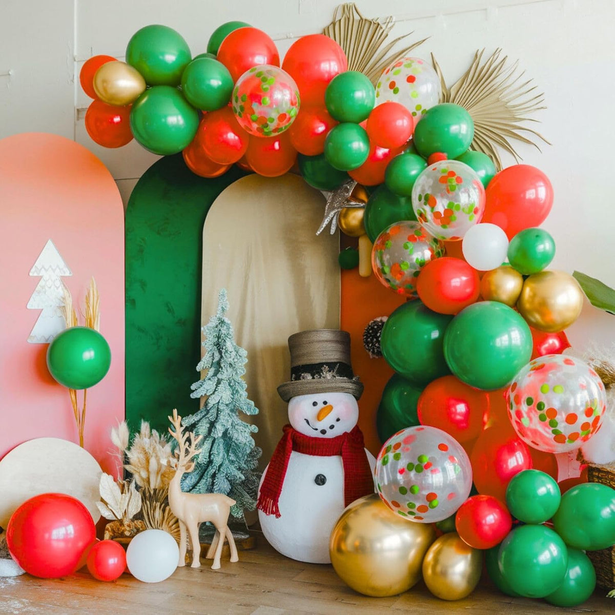FunHot Christmas Balloons, 60 Pcs Red Green Gold Balloons, 12 Inch Red Green Confetti Balloons