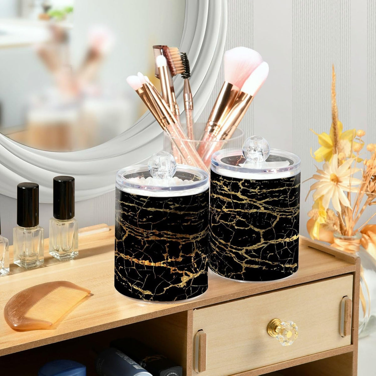 Qtip Holder Dispenser 2 Pack Gold Black Marbling Bathroom Decorative Storage Canister Holder