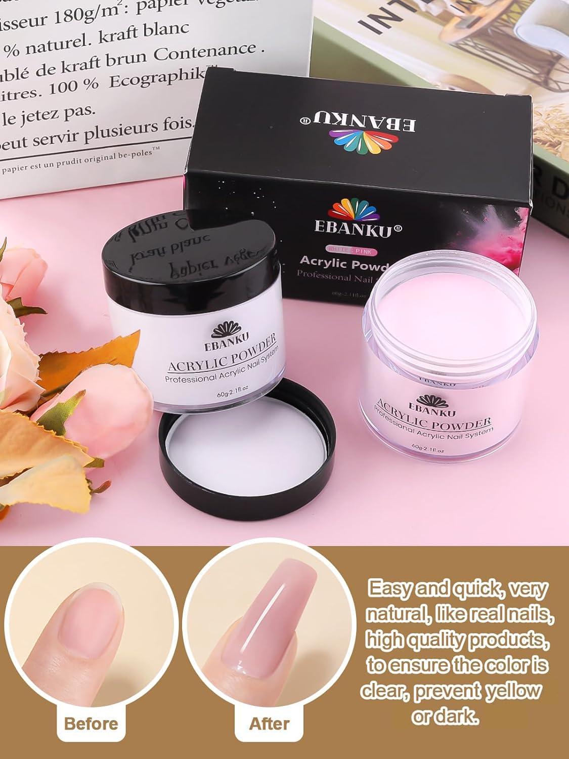 EBANKU Acrylic Nail Powder Set, 2 Colors Pink White Acrylic Powder Professional Nail Acrylic Powder