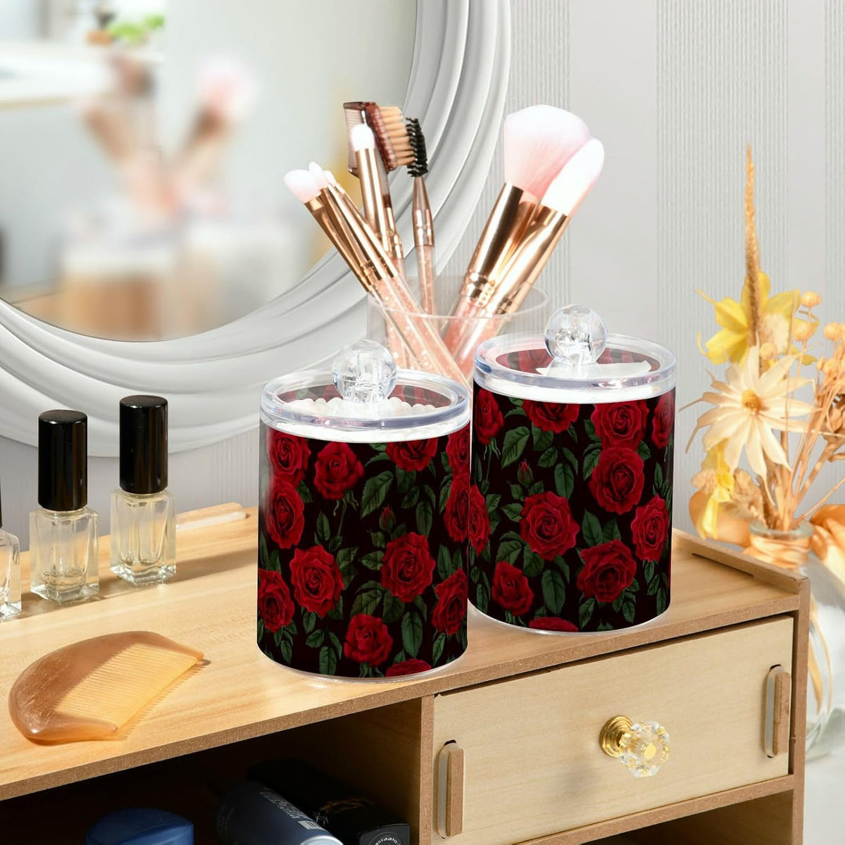 Gredecor Qtip Holder Dispenser 2 Pack Red Rose Flowers Leaves Bathroom Decorative Storage Canister