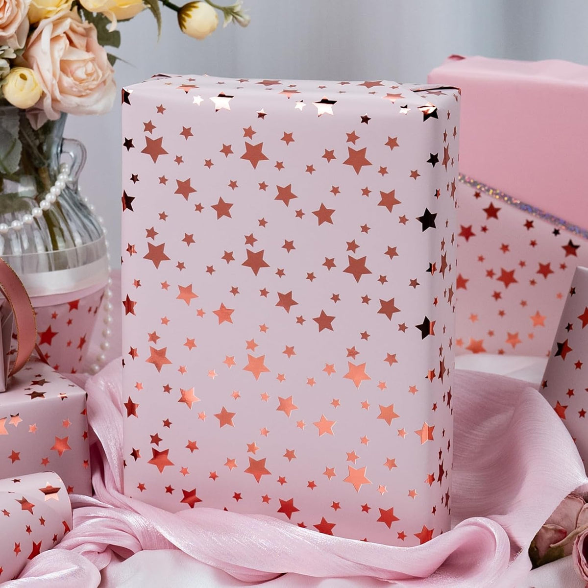 Burymento Gold Foil Five-Pointed Star Wrapping Paper, Reversible Pink Gift Wrap for Birthday