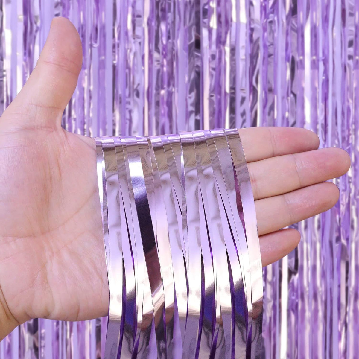 2 Pack Light Purple Fringe Curtains Foil Shiny Fringe Backdrop Tinsel Door Streamers Foil Curtains