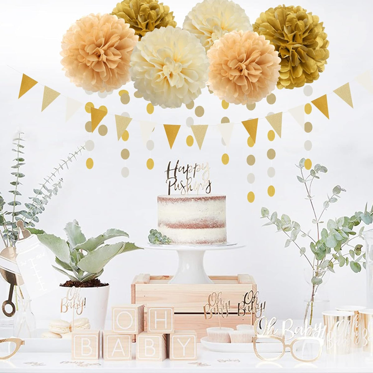 White Gold Champagne Party Decorations - 23pcs Tissue Pom Poms Streamers,Christmas Wedding