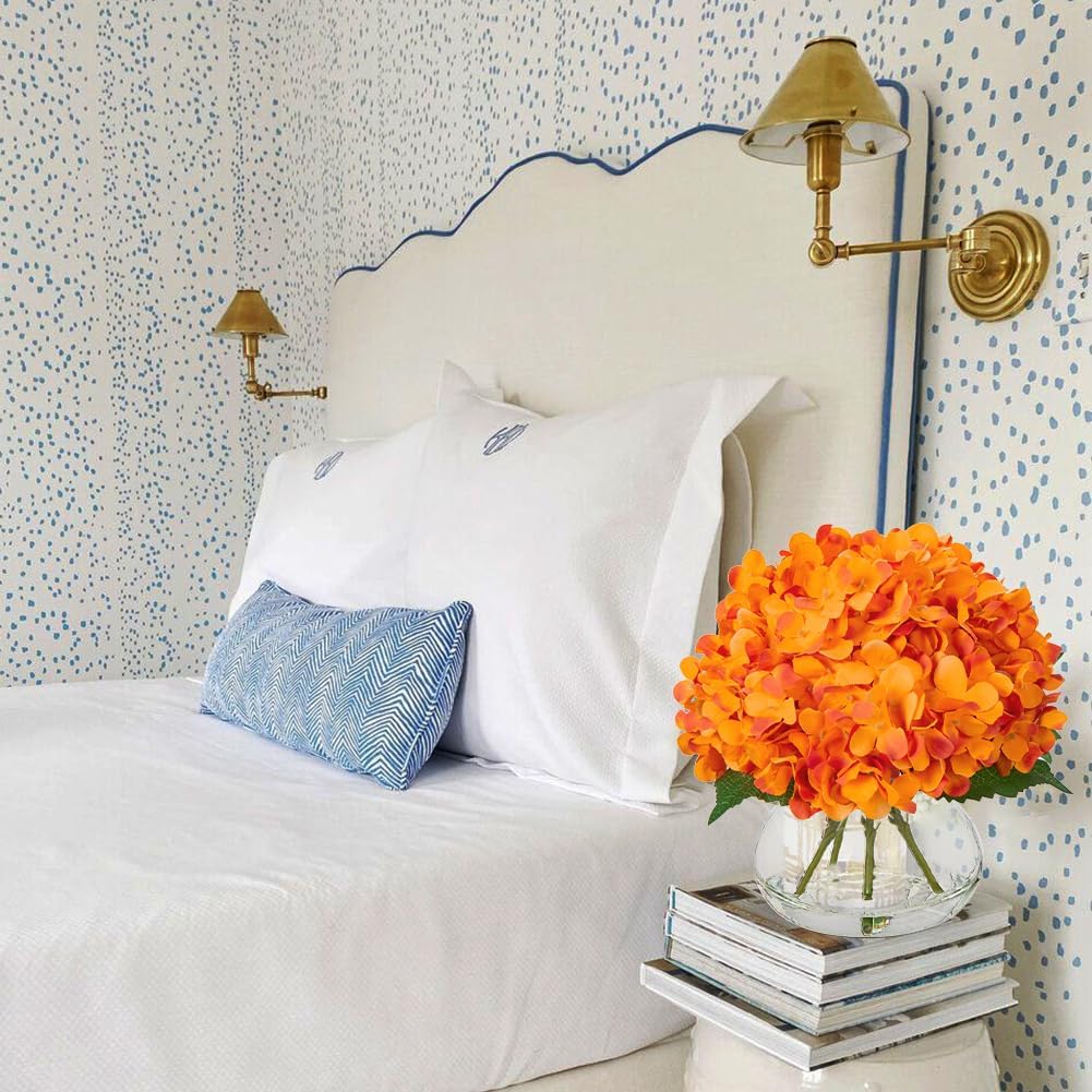 Hollyone Hydrangea Artificial Flowers in Vase Orange Silk Fake Flowers Arrangements with Glass Vase
