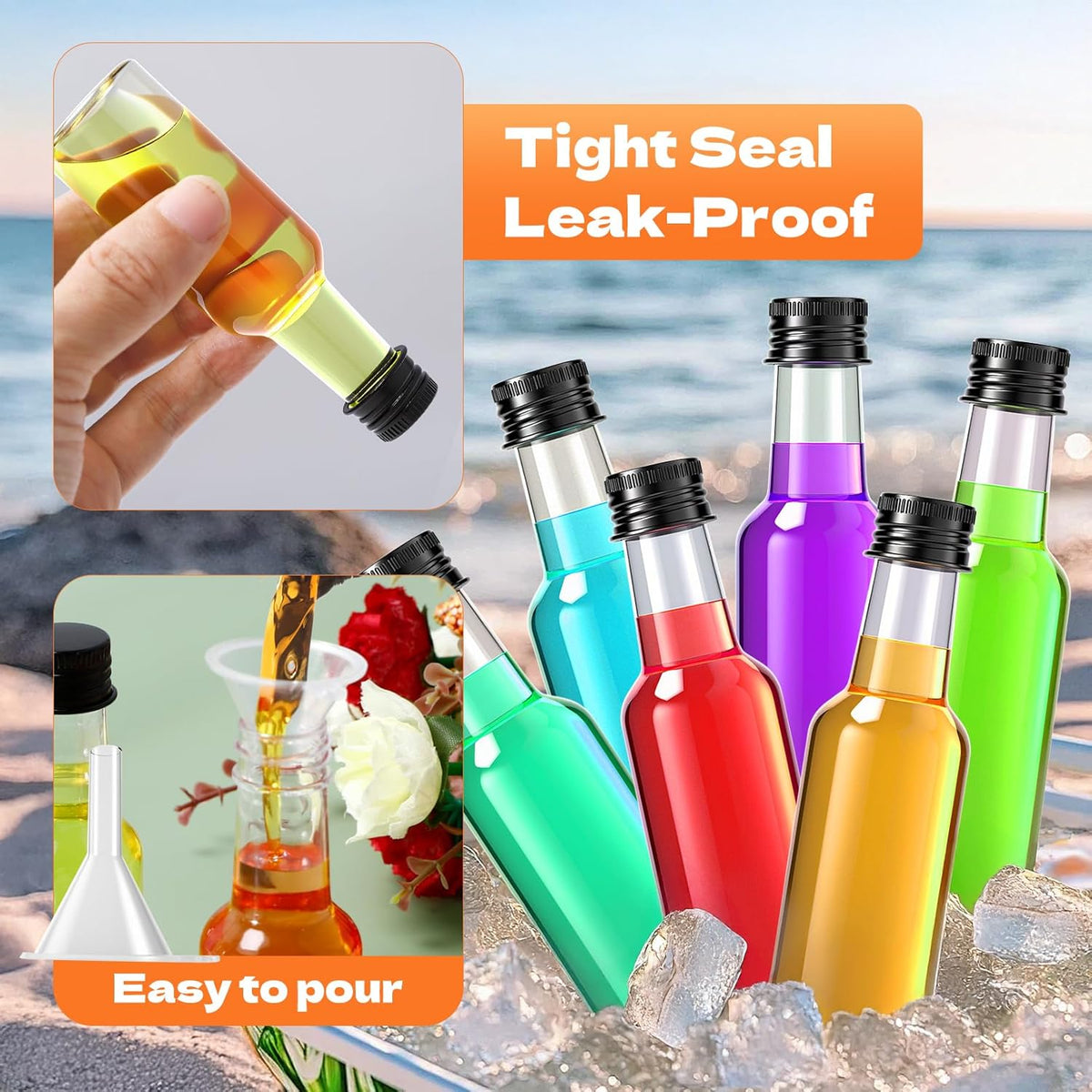 50 Pcs Mini Liquor Bottles with Black Cap, Plastic Alcohol Bottles, 2oz Leakproof Empty Spirit