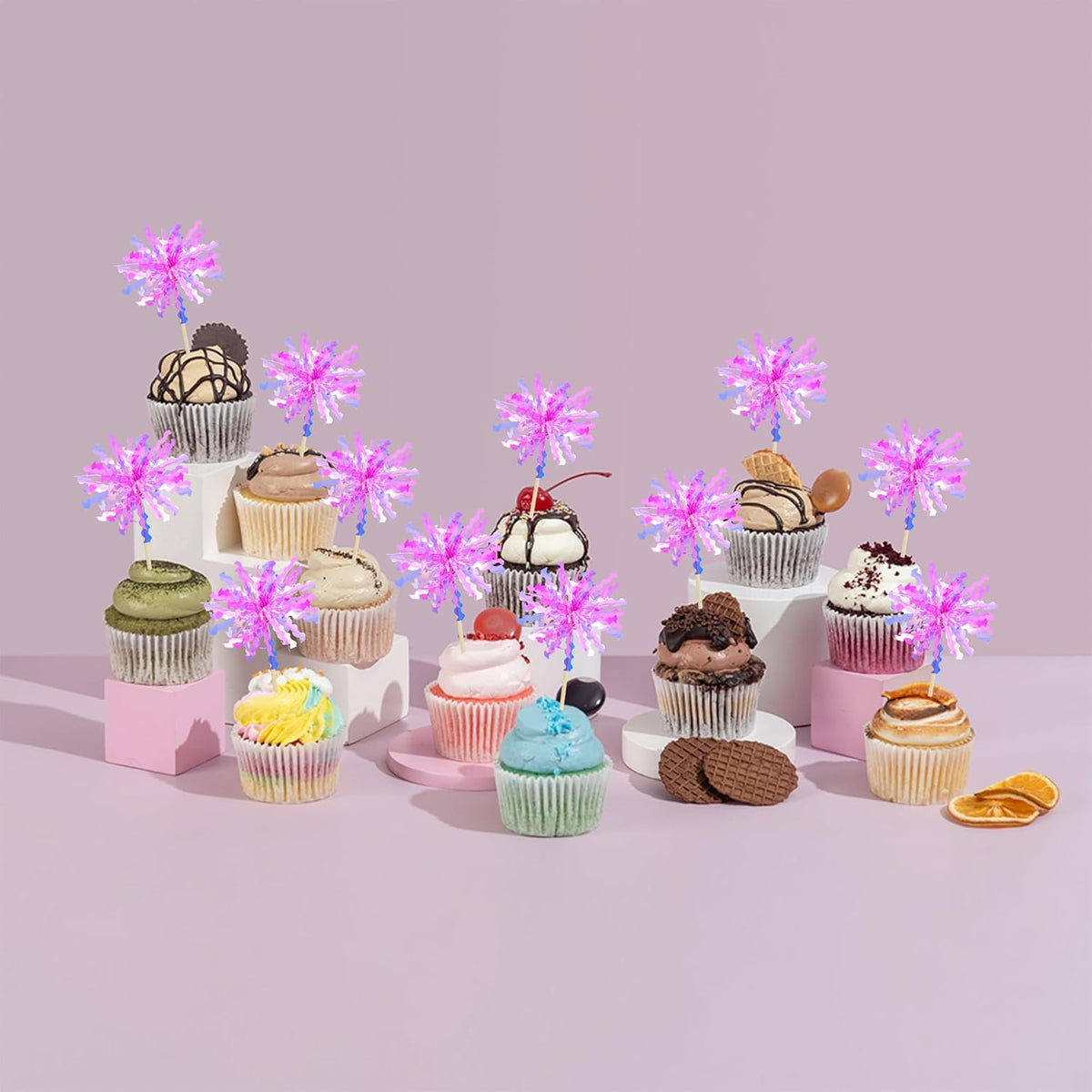 Gyufise 20Pcs Foil Firework Cupcake Toppers Happy Birthday Cake Toppers Sparkle Tinsel Flower Drink