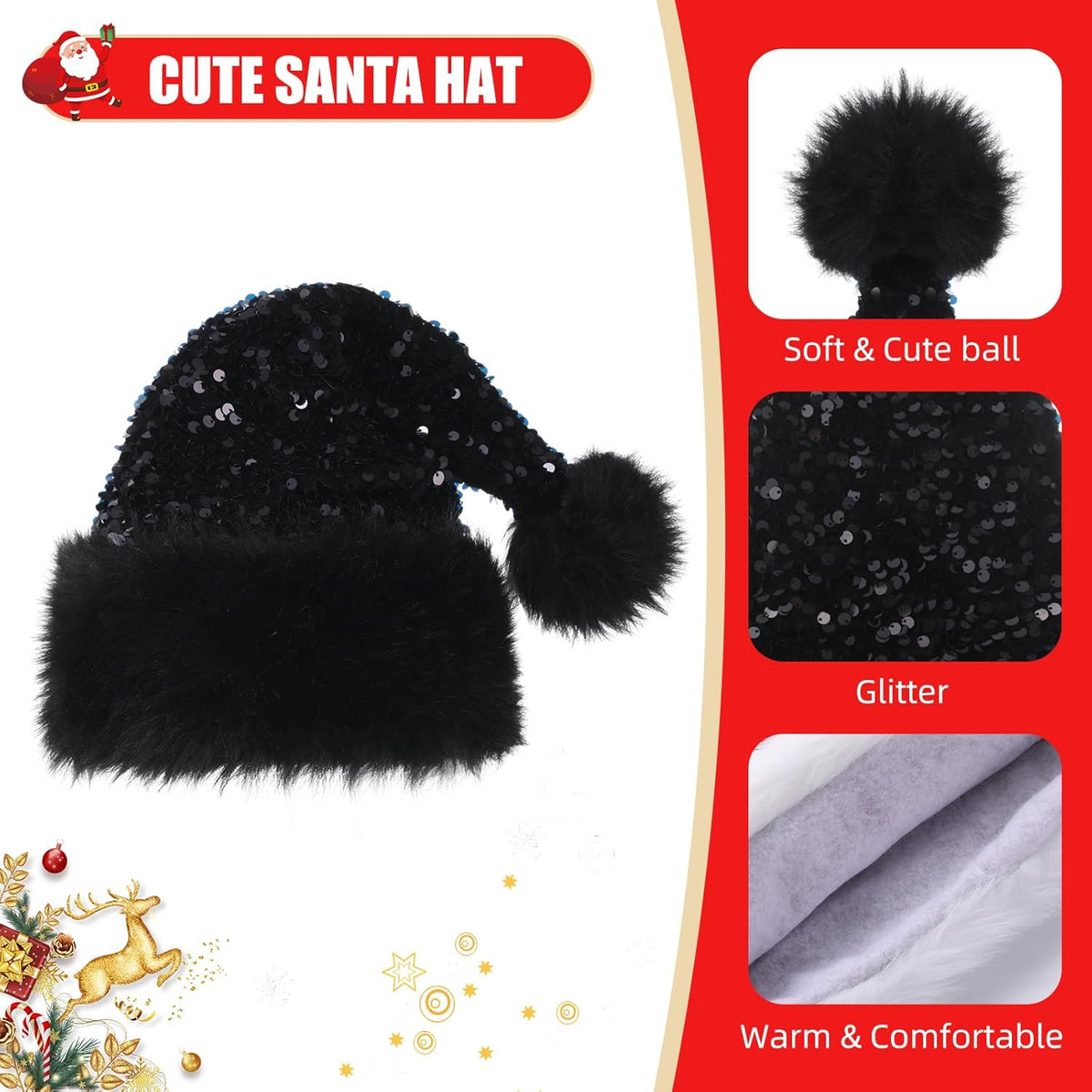 Personalized Sequin Santa Hat for Adults, Red Glitter Christmas Party Hat, Xmas Halloween New Year