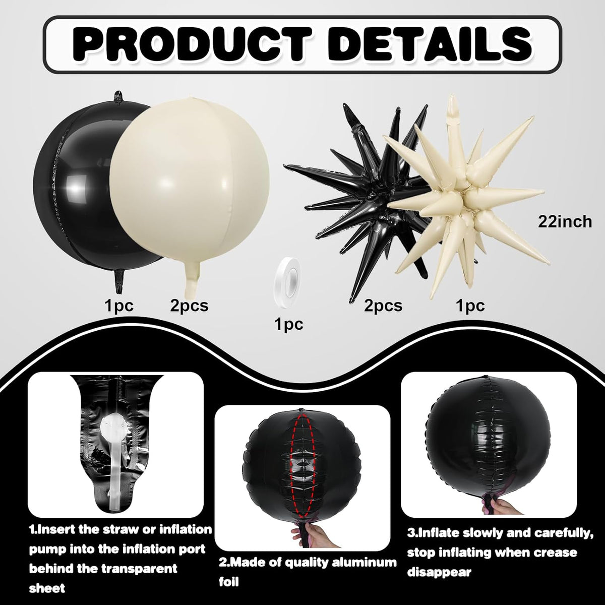 6Pcs Black White Foil Balloons,22Inch Sand White Black 4D Round Ball Balloon and Explosion Star