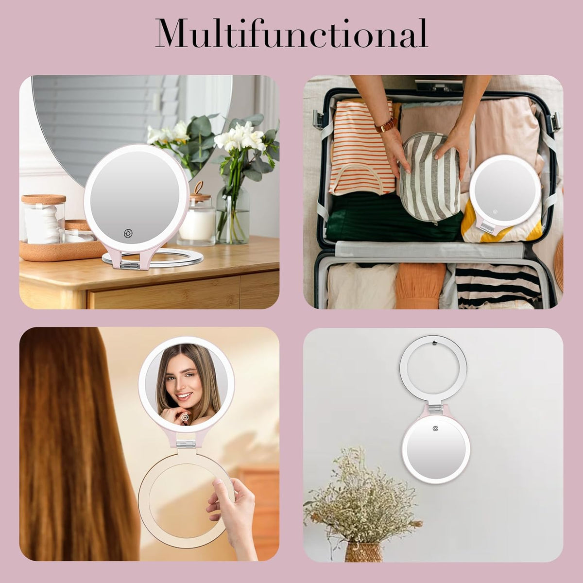 Magnifying Mirror with Light 10X/1X, Double Sided travel mirror with light, Rechargeable makeup