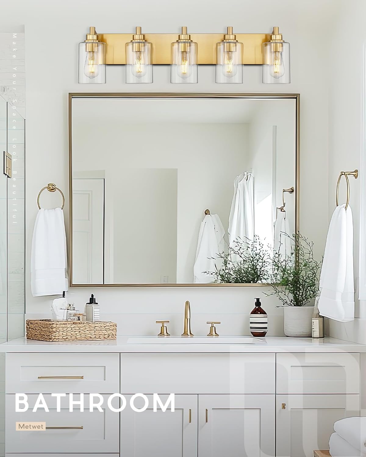 5-Light Bathroom Light Fixtures, 30 Inch Brushed Gold Vanity Light with Cylinder Clear Glass Shade