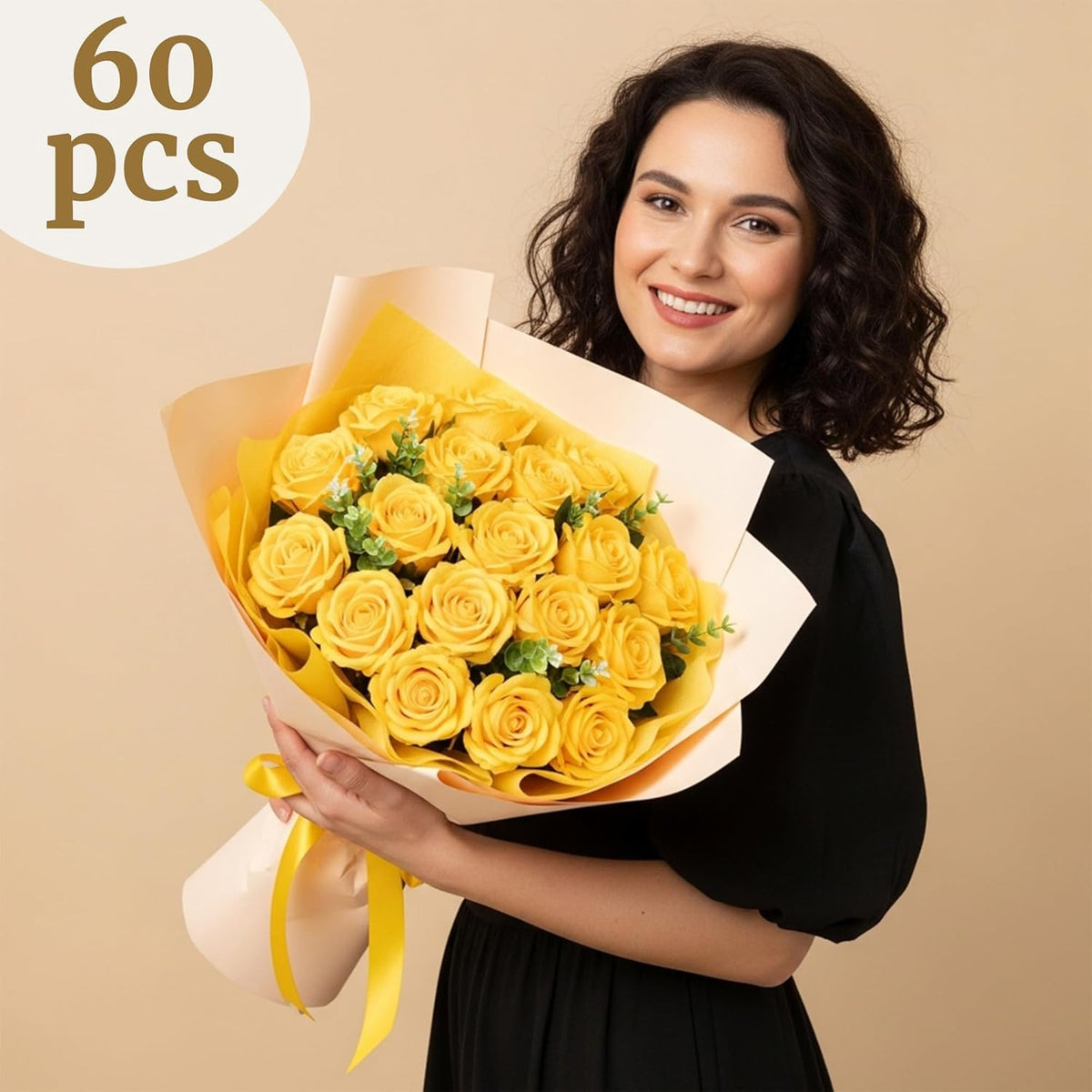 Auihiay 60PCS Yellow Roses Bulk, Yellow Velvet Silk Fake Roses, Realistic Flowers for Wedding