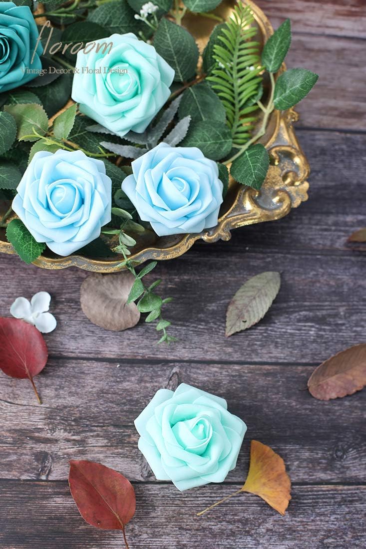 Floroom Artificial Flowers 25pcs Real Looking Aqua Blue Foam Fake Roses with Stems for DIY Wedding